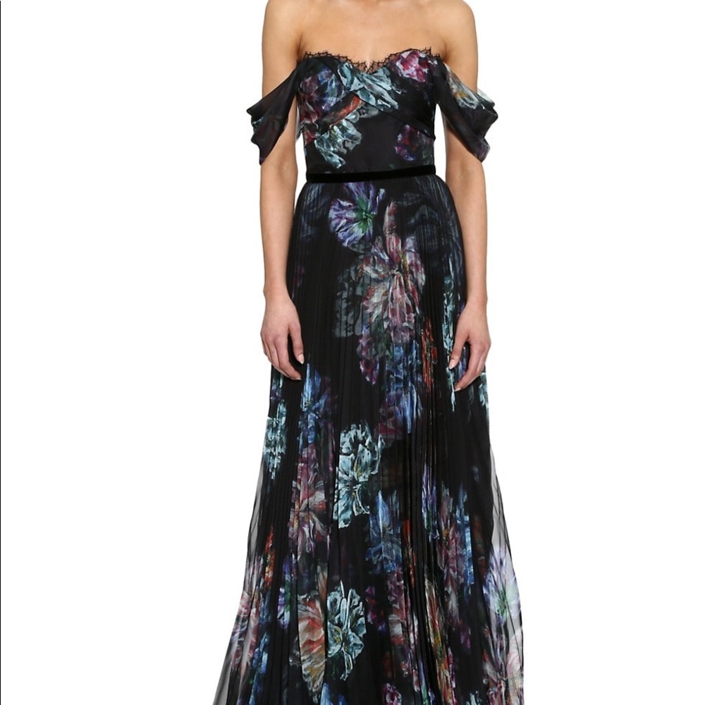 Marchesa Drapped moody floral gown